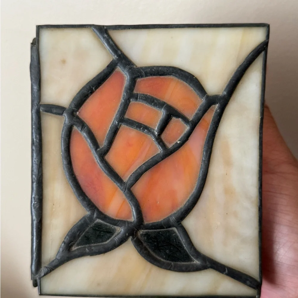 VTG Stained Glass Trinket Box Lovely‎ Tiffany Style Orange Rose Flower 4.5x4” T